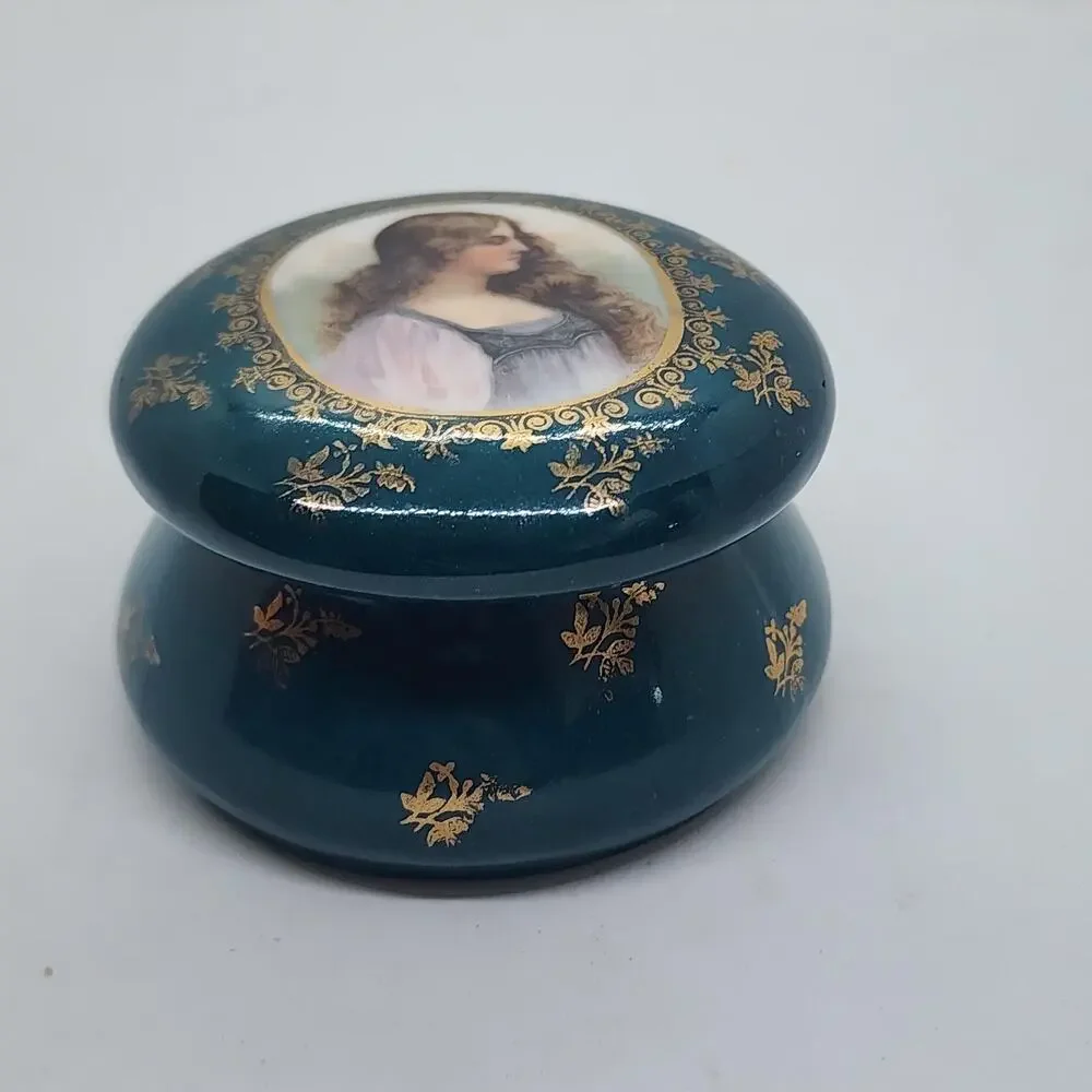 Vintage Portrait Lady Vanity Jar Blue Porcelain Trinket Dresser Box Gold Decor